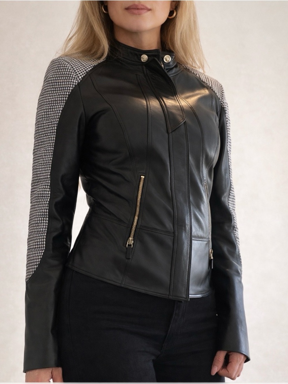 VERSACE Leather Jacket IT 42 Black Moto Houndstooth Sleeve Medusa Italy